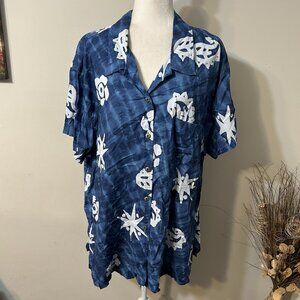 Russ Sports Company Shirt Women Blue Hawaiian Short Sleeve Button Up Nautical 3X
